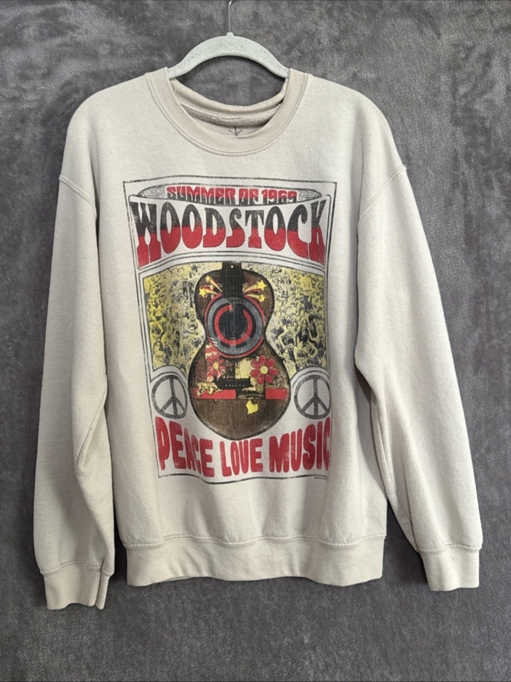 VTG Life Clothing Co Woodstock Summer 1969 Sweater Cream Cotton Size Medium